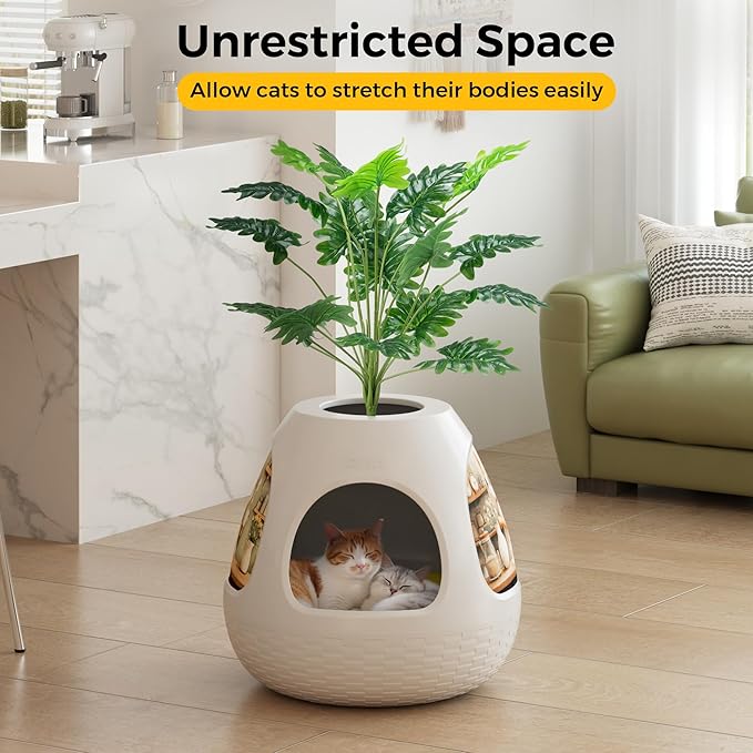 Copod8 Cat Cave, 3-in-1 Kitty House Condo with Plant, Cat Cushioned Bed, Cat Scratchers, Modern Cat Pet Furniture for Indoor, Kitty Hiding Spot (White, M)