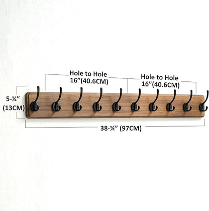 Dseap Wall Mounted Coat Rack: 38-1/4" Long, Patented, Heavy-Duty, 10-Double-Hooks Wooden Hanger Rail for Winter Coats, Hat, Jacket, Clothing - Natural & Black