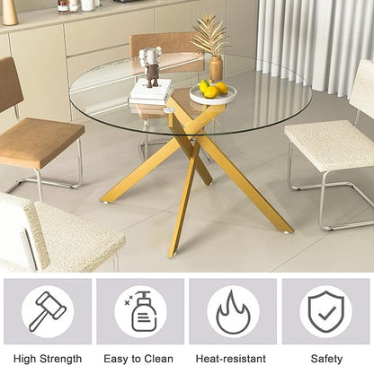 Goujxcy Round Dining Table Set for 4, Modern Glass Kitchen Table and Chairs Set of 4, 5 Piece Dining Room Table Set with 47" Circle Gold Metal Glass Dinner Table and 4 White Leather Dining Chairs