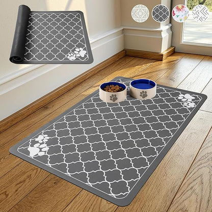 KOOLTAIL Dog Food Mat, 2 Pack Absorbent Pet Feeding Mat for Food and Water Bowls, Placement Pad for Floors with Waterproof Rubber Backing, Quick Dry Water Dispenser Mat for Dogs Cats, Grey, 12"x20"