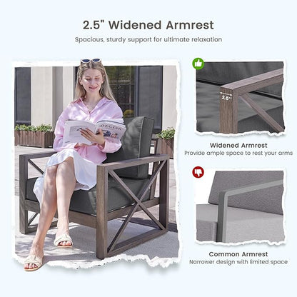 UDPATIO 5 Piece Aluminum Patio Furniture Set with Fire Pit Table,Faux Wood Patio Conversation Set with Olefin Fabric Thick Cushions, Aluminum Outdoor Furniture, 600D Waterproof Cover Included, Grey