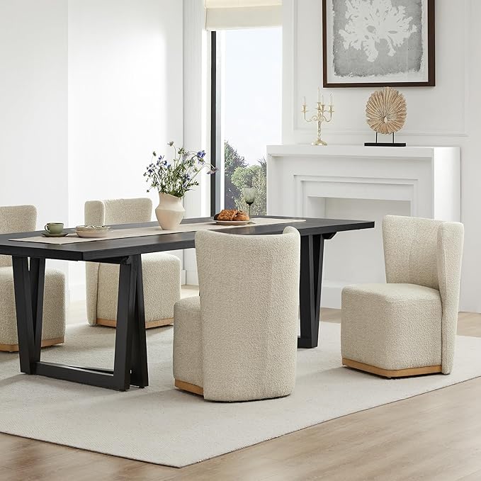 CHITA Upholstered Rolling Dining Chair on Casters Set of 4, FSC Certified Modern Curve Back Dining Chair with Casters, Boucle Dining Chairs for Reading Room Waiting Room Kitchen Dining Room, Oatmeal