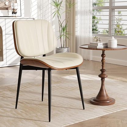 Dining Chair, Mid Century Modern Dining Room Chairs, Upholstered Faux Leather Kitchen Chairs with Walnut Bentwood Back and Metal Legs for Kitchen Dining Room Living Room, Beige