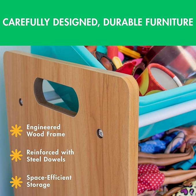 Humble Crew Kids Toy Storage Organizer with 12 Plastic Bins, Natural Wood/Aqua – Removable Bins for Playroom, Bedroom, Toddler Furniture for Boys and Girls Ages