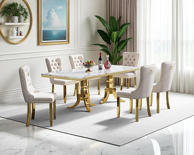 Goujxcy Faux Marble Dining Table Set for 6, Modern 7-Piece Dining Table Set with 6 Velvet Upholstered Chairs, 70" Large Long Faux Marble Kitchen Dining Room Table and Chairs with Stainless Steel Legs