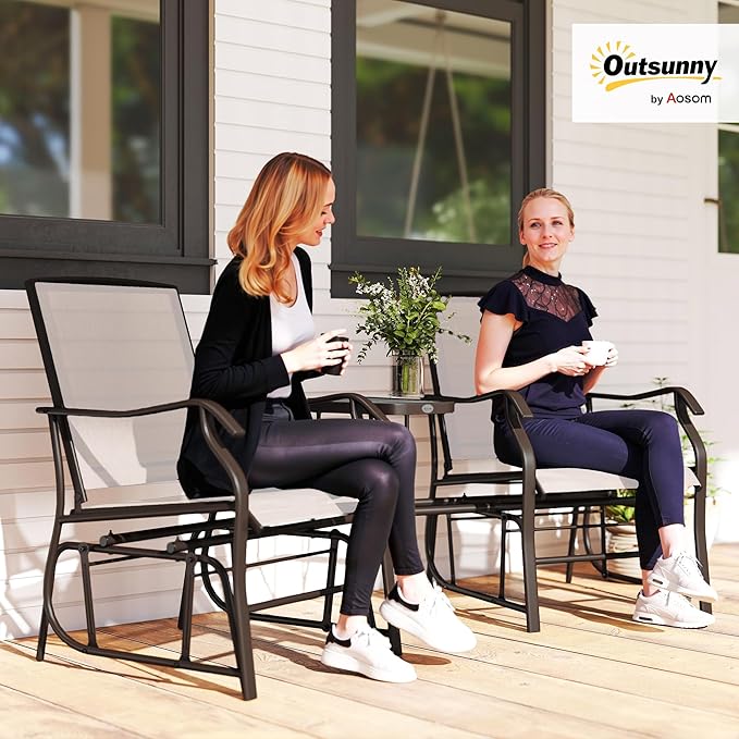 Outsunny Outdoor Glider Chairs with Coffee Table, Patio 2-Seat Rocking Chair Swing Loveseat with Breathable Sling for Backyard, Garden, and Porch, Beige