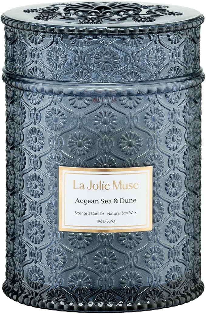 LA JOLIE MUSE Aegean Sea & Dune Candle –Cool Water, White Florals & Warm Amber | 19 oz Large Wooden Wick Candle | Natural Soy Wax | 90 Hours Clean Burn | Gift-Ready for Hosts & Gatherings