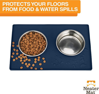 Neater Pet Brands Neater Mat Pet Mats for Food and Water, Cat & Dog Bowl Mat Waterproof Silicone, Feeding Tray, Dog Food Mats for Floors, Placemat w/Raised Edge for Under Bowls, 19” x 12”, Dark Blue