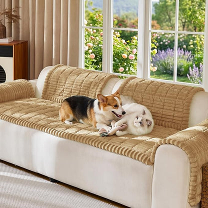 FUANGUI Waterproof Armrest Couch Cover for Dogs,27.6" x 27.9", Beige | Non-Slip Backrest Cover Recliner Chair Protector, Fuzz Soft Armchair Armrest Cover Washable Couch Covers Sofa Pet Friendly