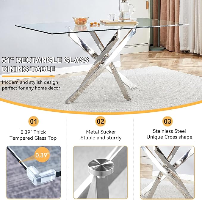 Goujxcy 51" Glass Dining Table Set for 6, Modern Kitchen Table and Chairs Set w/Steel Legs, 7-Piece Dining Table Set w/Glass Silver Dining Table and 6 Beige Velvet Chairs for Kitchen Dining Room