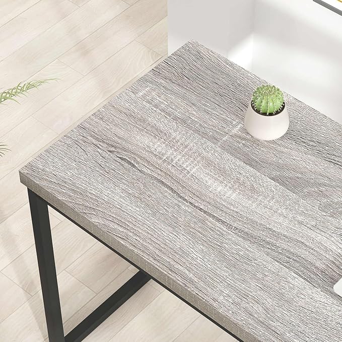 FOLUBAN Modern Home Office Desk, Industrial Vintage Computer Desk, Rustic Wood and Metal Study Writing Table, Simple Work Gaming PC Desks for Bedroom Living Room, Light Grey 53 Inch