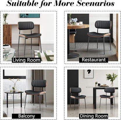 Modern PU Leather Dining Room Chairs Set of 6, Upholstered Kitchen Chairs with Walnut Bentwood Back and Metal Legs Adjustable Feet for Kitchen Dining Room(Balck)