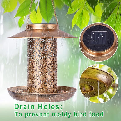 Ottsuls Solar Bird Feeder for Outdoors Hanging, Metal Wild Cardinals Garden Lantern with S Hook, Weatherproof and Water Resistant Birdfeeders as Gift Idea for Women Mom Grandma Bird Lovers (Bronze)