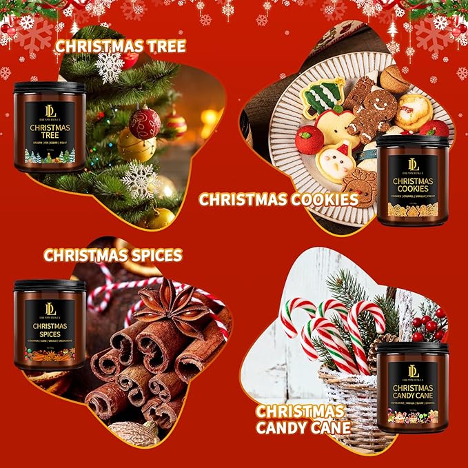 Christmas Candle Set, Scented Candle for Holiday, 4 Pack Soy Candles for Home Scented, Christmas Holiday Candle Gifts for Women Men, Scents of Christmas Tree/Cookies/Spices/Candy Cane