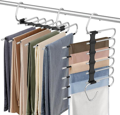 Upgrade 6 Layers Pants Hangers Space Saving, 2 Pack Stainless Steel Multifunctional Rack Non Slip S-Type Pant Closet Organizer Saver for Leggings Jeans Trousers Scarf, Black