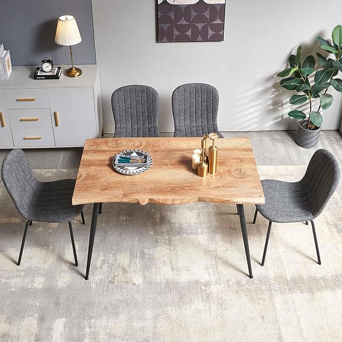 5 Pieces Dining Table Set-Home Kitchen Dining Room Table Set, Solid MDF Dining Table with Irregular Tabletop, 4 PCS Vintage PU Dining Chairs Dark Grey Accent Chairs
