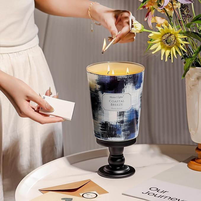 HomeLights Large jar Candle | 3-Wick Long-Lasting Scented Candles, 34oz Natural Soy Wax Candle for Home Scented, Scandinavian Minimalist Design Gifts for Women & Men, Coastal Breeze