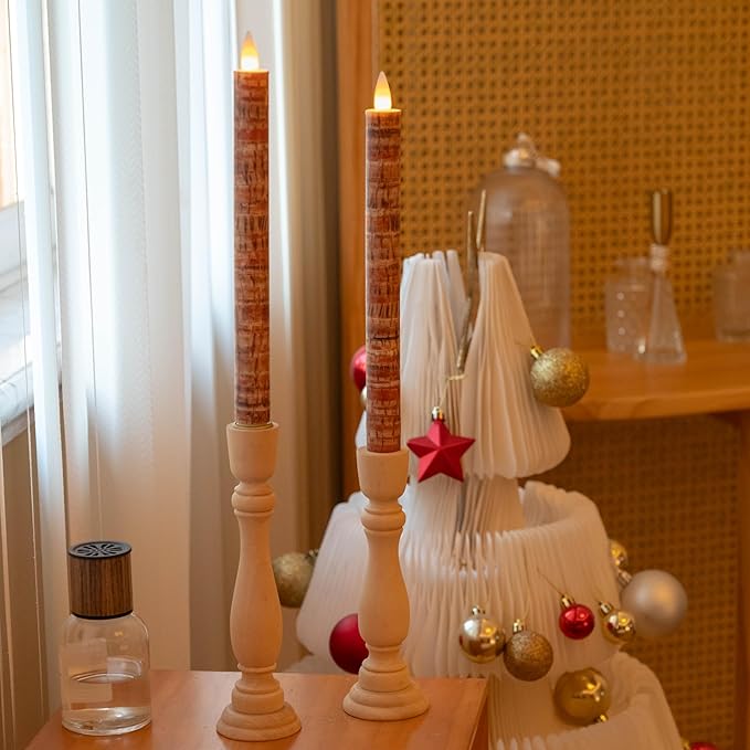 Flameless Taper Candles Flickering with Remote and Timer, 3D Moving Flame Taper Candle Battery Operated to 400 Hours, 9 Inch Window Candles, (Palm Bark)