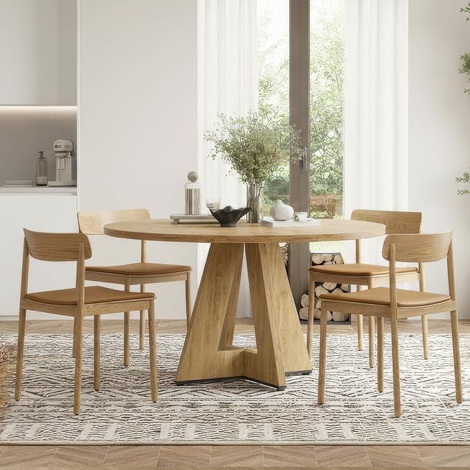 Farini 47" Round Dining Table for 4-6, Modern Kitchen Room Tables with Wood Top & Sturdy Metal Base,Large Round Dinner Table for Dining Room,Natural