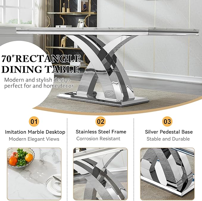Goujxcy 68" Marble Dining Table Set for 4, Modern Rectangle Dining Room Table Set for 4, Luxury White Silver Marble Kitchen Table and Chairs Set of 4 for Living Room,Kitchen