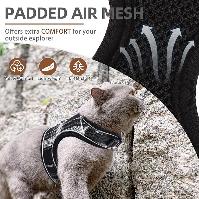 PUPTECK Soft Mesh Cat Vest Harness and Leash Set Puppy Padded Pet Harnesses Escape Proof for Cats Small Dogs Rabbits Bunny, Plaid Black, XL