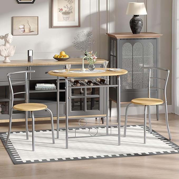 VECELO 3-Piece Dining Table Set for Kitchen Breakfast Nook, Wood Grain Oval Tabletop and Metal Frame with Built-in Wine Rack, for Small Spaces, Natural & Silver