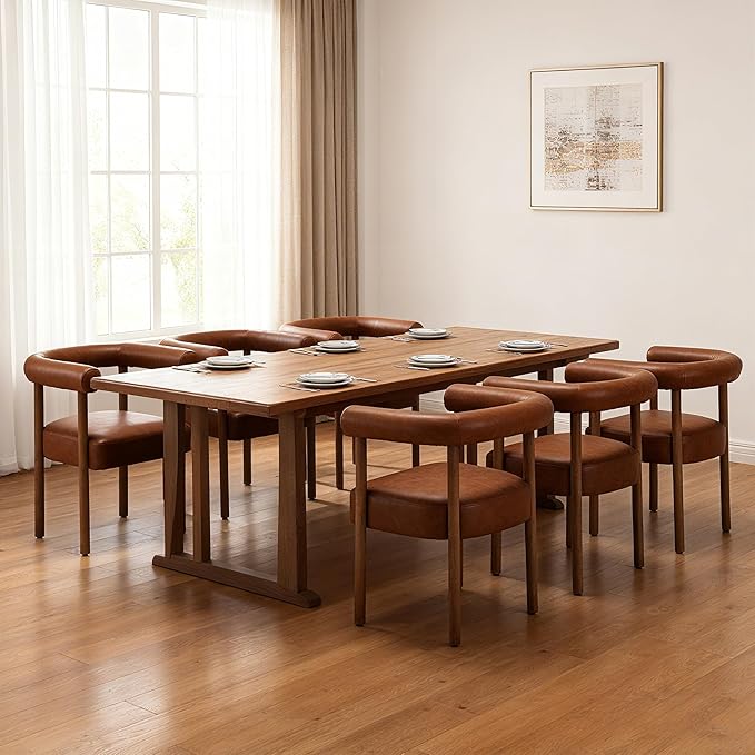 PU Leather Dining Chairs Set of 6, Modern Upholstered Dining Chairs, Curved Backrest Kitchen Dining Room Chairs Accent Chairs Arm Chairs with Natural Wood Legs, Brown