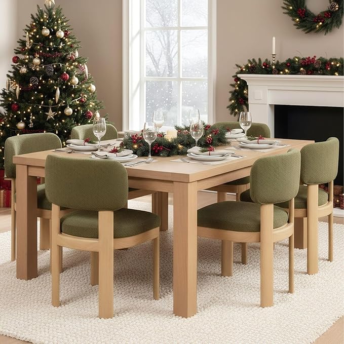 Green Upholstered Dining Chairs Set of 2 Chenille Fabric Dining Room Chairs Modern Barrel Kitchen Chairs with Curved Backrest and Wooden Legs