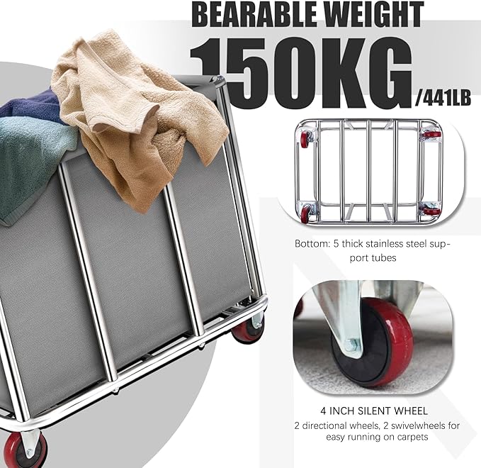 Commercial Laundry Cart on Wheels, 11.35 Bushels Large Roller with Removable Waterproof Canvas Lined Basket, Heavy Duty Stainless Steel for Hotels and Hospitals