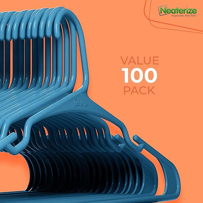 NEATERIZE Clothes Hangers Plastic 100 Pack for Adults - Plastic Hangers, The Perfect Coat Hanger and Space Saving Clothes Hangers for Closet, Percheros Ganchos para Colgar Ropa Hangars - Blue Hangers