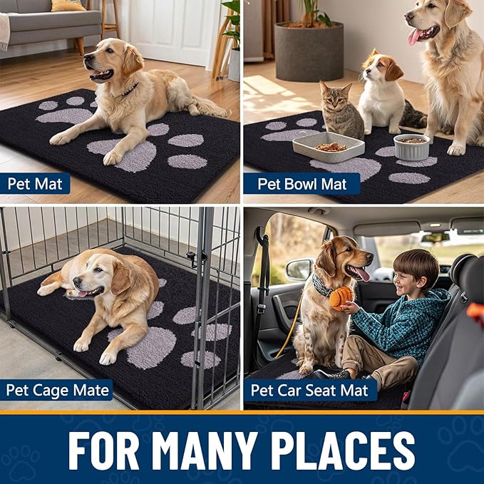 Smiry Dog Door Mat for Muddy Paws, Absorbs Moisture and Dirt, Low-Profile Entryway Mat with Non-Slip Backing, Entry Indoor Outdoor Doormat for Inside Floor (40x32 Inches, Black and Grey, Paw)