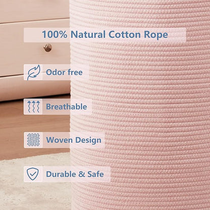 80L Extra Large Pink Hamper Laundry Basket for Baby Girls Tall Nursery Hamper for Kids Woven Rope Clothes Basket for Little Girls Room Bedroom Light Pink Kawaii Tall Laundry Bin