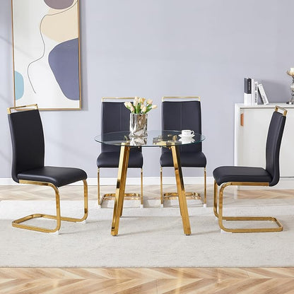 36" Round Glass Dining Table Set for 4 With Stainless Steel Leg, Small Kitchen Table With Cushion Chairs, 5 Piece Space Saving Set