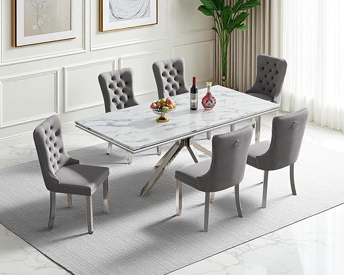 Goujxcy Luxury Dining Table Set for 6 Modern 7 Piece Faux Marble Dining Table Set with 6 Tufted Upholstered Chairs, 70" Faux Marble Kitchen Table & 6 Chairs with Mirrored Stainless Steel Base
