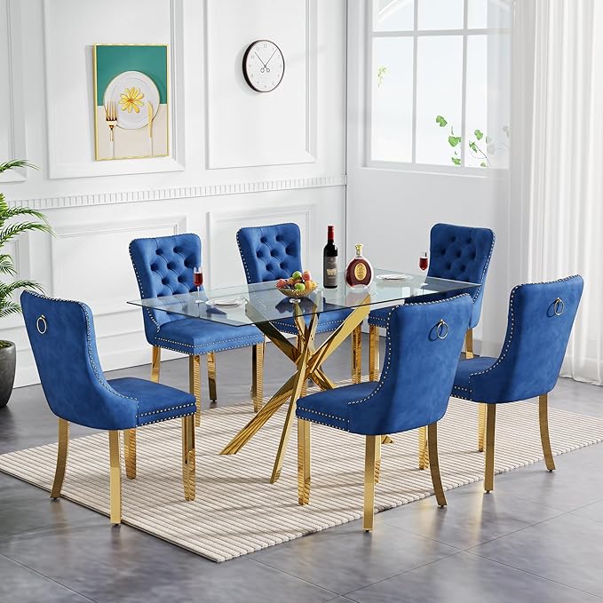 Goujxcy Glass Dining Table Set for 6, Modern Kitchen Table and Chairs Set of 6, 7-Piece Kitchen Dining Room Table Set w/51 Glass Gold Dining Table and 6 Blue Velvet Upholstered Chairs