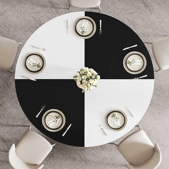 LVB Round Dining Table, Modern Wood Metal Kitchen Table, Industrial Small Dinner Room Table for 4 to 6 People, White and Black Oak, 42 Inch
