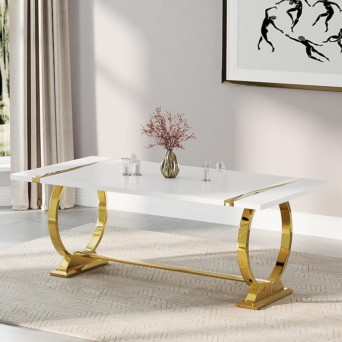 ACEDÉCOR 80in White and Gold Dining Table for 6-8, Modern Luxury Kitchen Room Table with Rectangular Lacquer Top and Gold Stainless Steel Circle Base