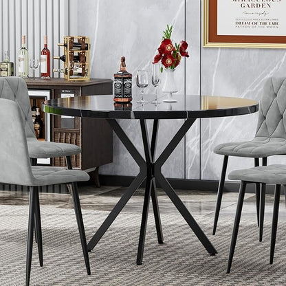 Round Dining Table, 39 Inch Modern Round Kitchen Table Black Dining with Black X Base, Kitchen Table Leisure Table for 4-5 People Small Space Dining Room, Apartment, Kitchen