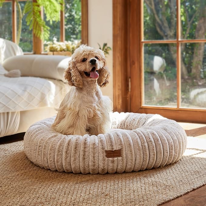 FUKUMARU Dog Bed, Calming Donut Dog Beds for Anxious Puppies, Modern Aesthetic Cat Bed with Gradient Print, Cute Round Pet Beds with Washable Cover, Orthopedic Puppy Bed, Camel, Small, 25 inches