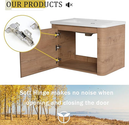 Goujxcy 68 Inch Bathroom Vanity with Sink Combo Modern Floating Vanity Cabinet with Ceramic Vessel Sink and Storage Shelves, Soft Closing Door Design (Imitative Oak)
