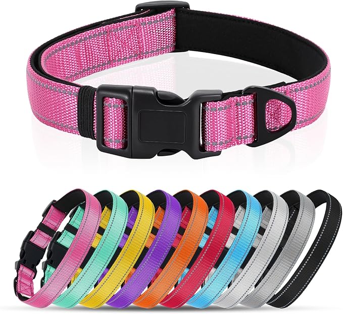 Reflective Dog Collar with Quick Release Buckle - Metal Ring - Adjustable Soft Neoprene Padded Basic Dog Collar for Small Medium Large Dogs (Hotpink, Large :Width 1",Neck 15.7-23.6")