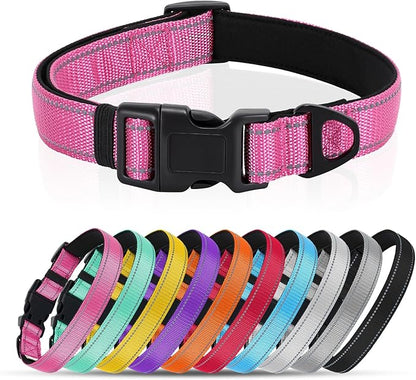 Reflective Dog Collar with Quick Release Buckle - Metal Ring - Adjustable Soft Neoprene Padded Basic Dog Collar for Small Medium Large Dogs (Hotpink, Large :Width 1",Neck 15.7-23.6")