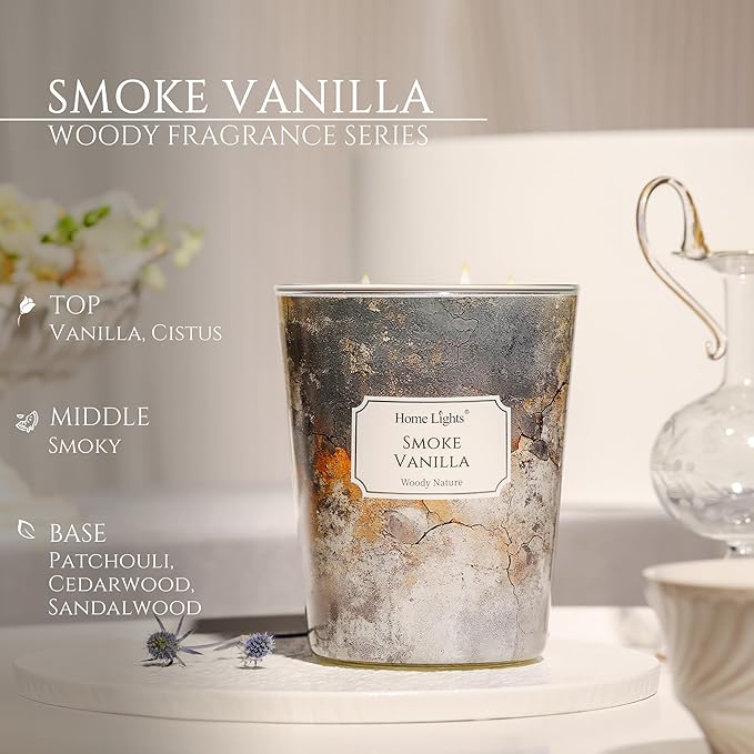 HomeLights Large jar Candle | 3-Wick Long-Lasting Scented Candles, 34oz Natural Soy Wax Candle for Home Scented, Industrial Chic Gifts for Women & Men, Smoke Vanilla