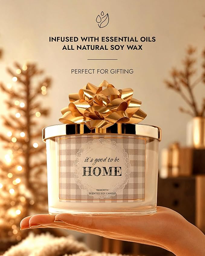96NORTH Fresh Linen & Soft Amber Candle | Large 3 Wick Jar Candle | 12 Oz Up to 50 Hours Burning Time | 100% All Natural Soy Wax | Relaxing Aromatherapy Candle | Housewarming Gift for Women and Men