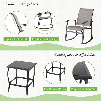Shintenchi 3 Piece Rocking Bistro Set, Outdoor Furniture with Rocker Chairs and Glass Coffee Table Balcony, Porch Furniture for Small Space, Gray