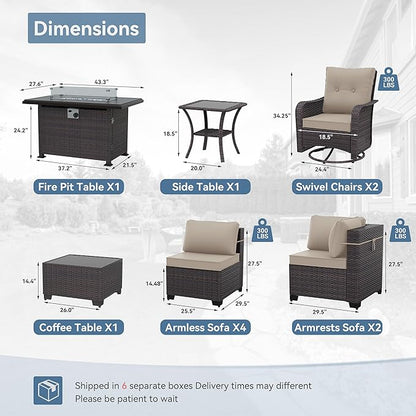 Kurapika 11 Pieces Patio Furniture Set, Rattan Wicker Outdoor Conversation Sets w/43in Propane Fire Pit Table, Swivel Rocking Chairs Patio Sectional Sofa w/4 Inch Cushion, Sand