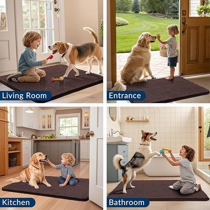 Smiry Dog Door Mat for Muddy Paws 54x32, Absorbs Moisture and Dirt Doormat, Non-Slip Washable Quick Dry Chenille Front Door Mat Indoor Entrance, Entryway Carpet for Inside Floor, Brown