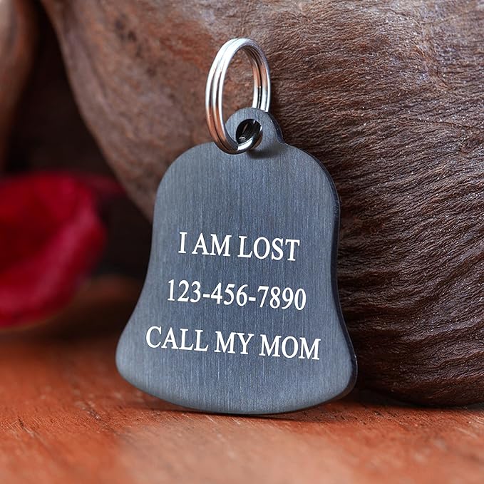 Ultra Joys Cat ID Tag Personalized Pet Tags, Durable Stainless Steel Small Pet Mini Dog Cat Tag Lightweight - Bell Tag in Black