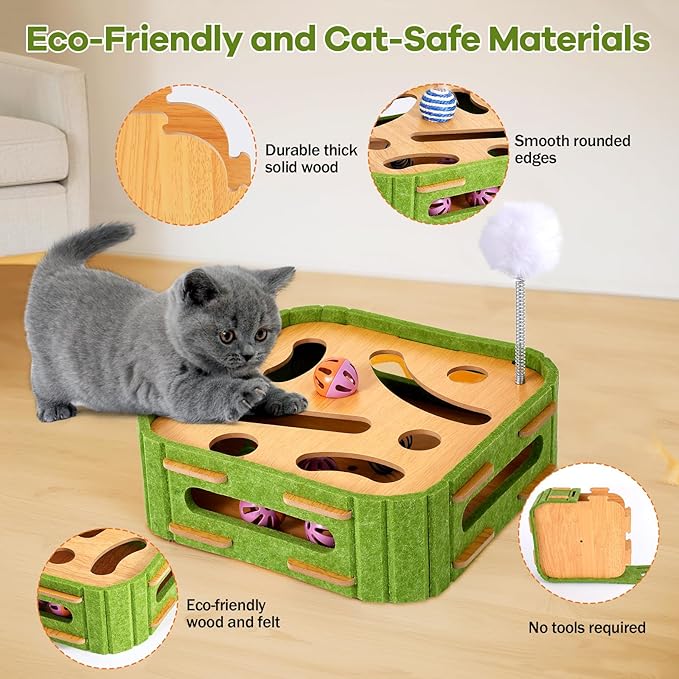 5-in-1 Cat Toys Interactive Wooden Cat Puzzle Toy Intelligence Treat Puzzle Feeder Box Game Enrichment Accessories with Jingle Balls, Wands, and Spiral Springs for Indoor Kitten Adult Cat