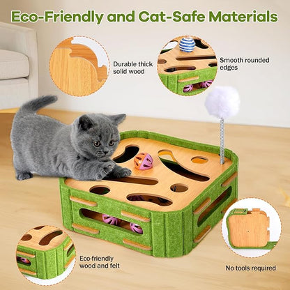 5-in-1 Cat Toys Interactive Wooden Cat Puzzle Toy Intelligence Treat Puzzle Feeder Box Game Enrichment Accessories with Jingle Balls, Wands, and Spiral Springs for Indoor Kitten Adult Cat